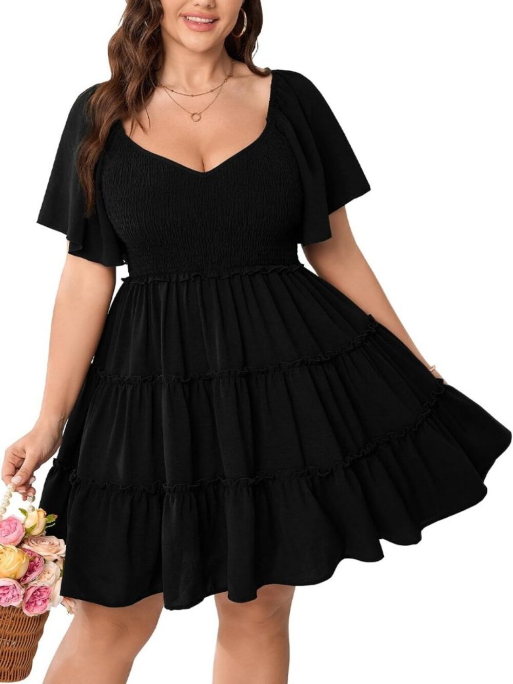 Plus Size Smocked Babydoll Mini Dress - Short Sleeve A-line Tiered Style